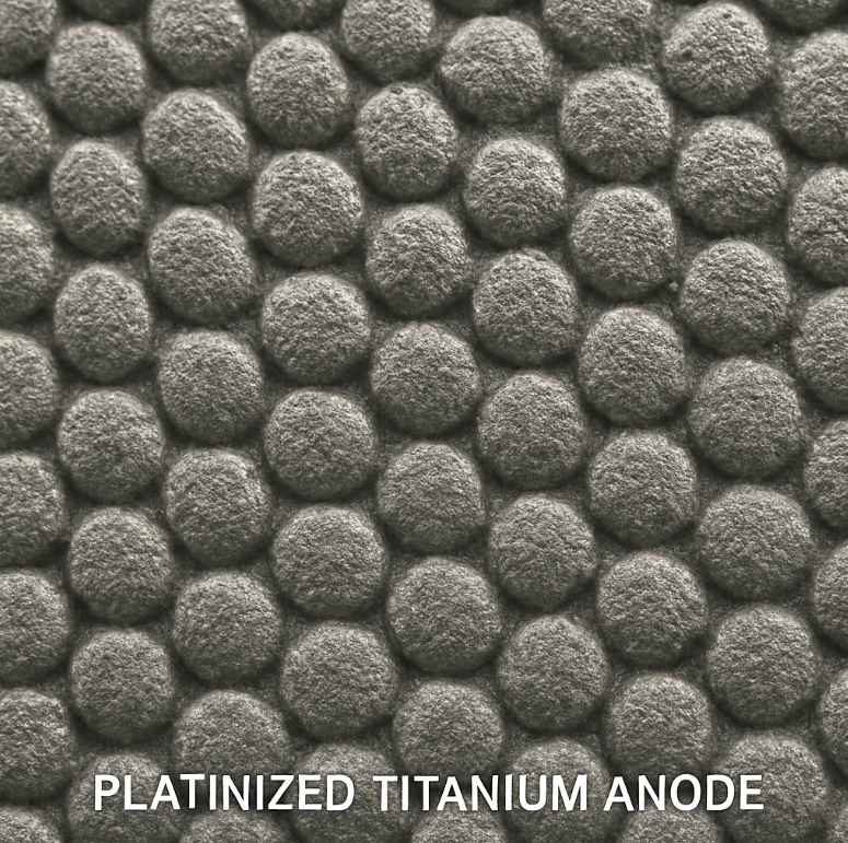 Cross-section view of platinized titanium anode showing titanium substrate with platinum coating layer