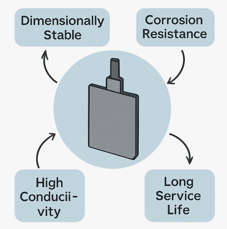 Industrial electrochemical process showing platinized titanium anodes in operation with excellent corrosion resistance