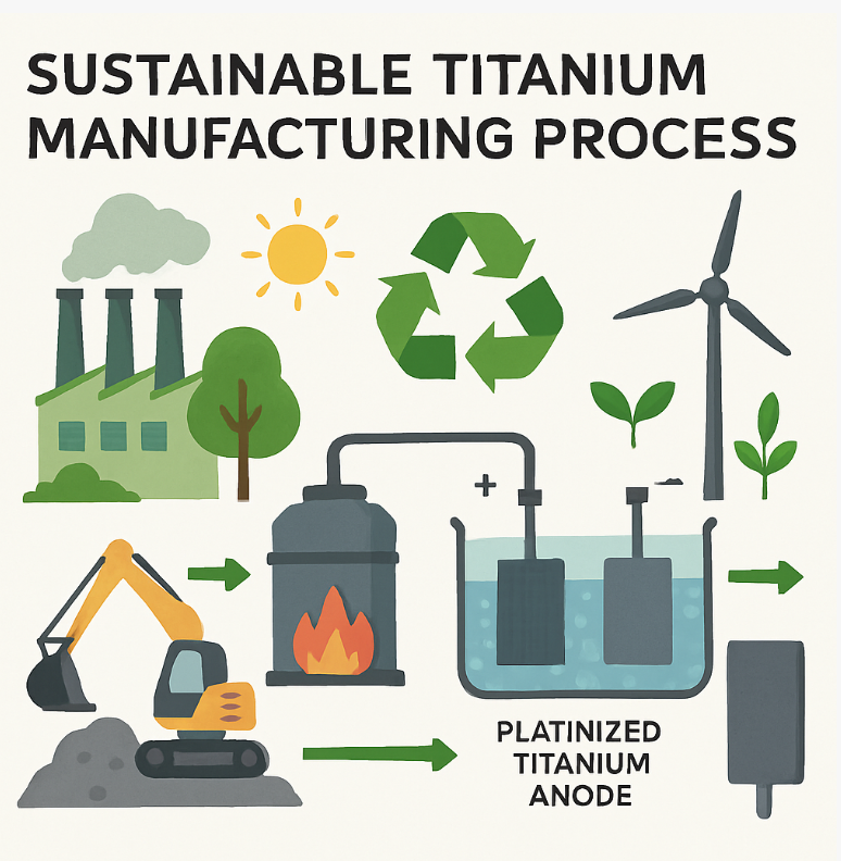Sustainable titanium manufacturing process showing environmentally friendly production of platinized titanium anodes