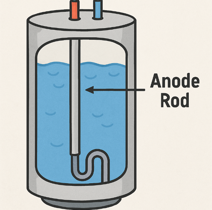 Illustration of an anode rod in a water heater