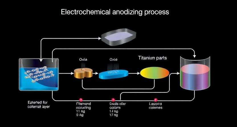 Scientific diagram showing the electrochemical anodizing process with titanium parts in electrolytic bath, illustrating how oxide layer formation creates different colors