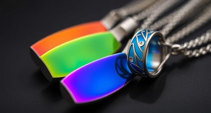 Artistic photograph by Grant Durr showing colorful anodized titanium jewelry pieces demonstrating the aesthetic appeal and range of color possible with anodizing work