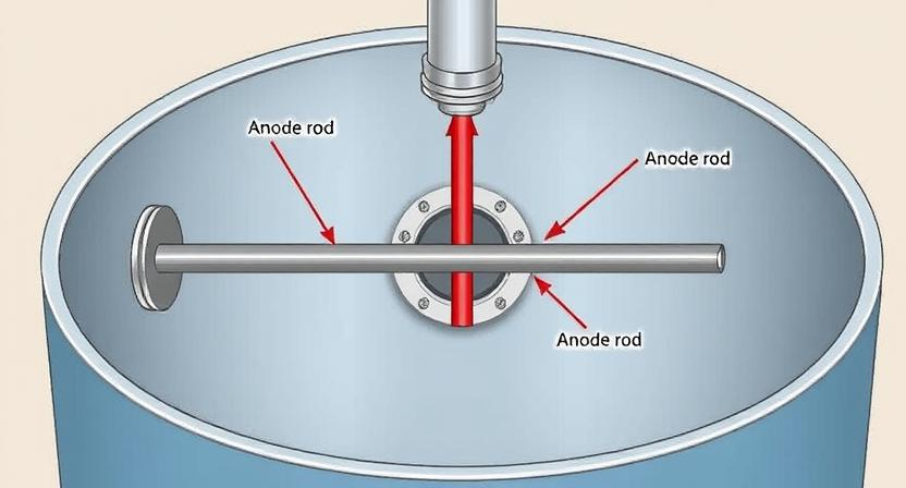 Diagram showing the position of an anode rod inside a water heater tank