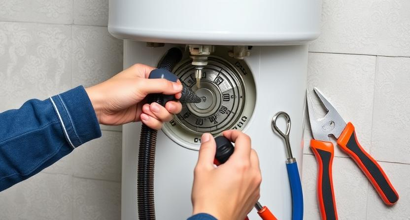 Person replacing a flexible anode rod in a water heater with tools laid out