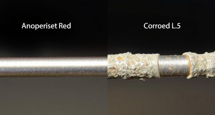 Side-by-side comparison of a new anode rod and a heavily corroded anode rod showing signs of wear