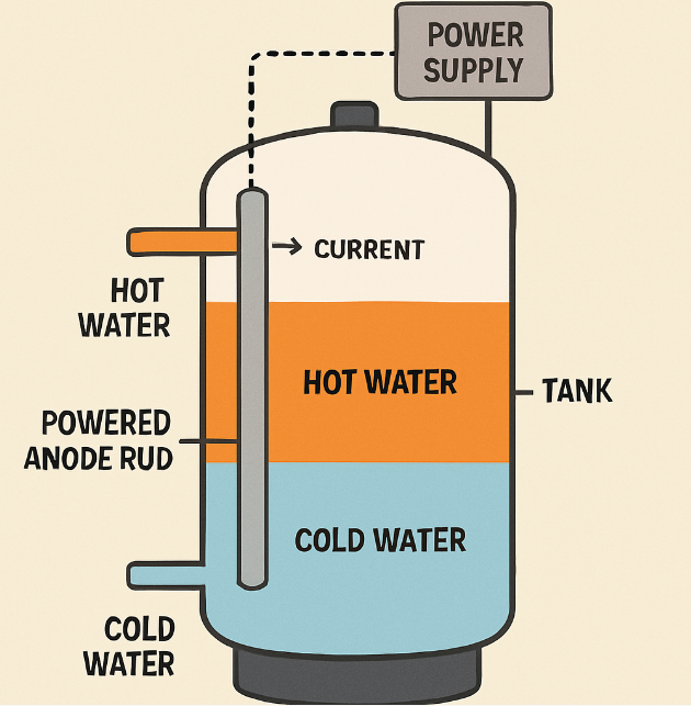 Diagram explaining how a powered anode rod works inside a water heater