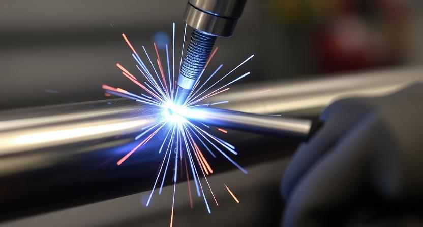 A close-up of TIG welding in progress on a titanium pipe, showing the arc and shielding gas.