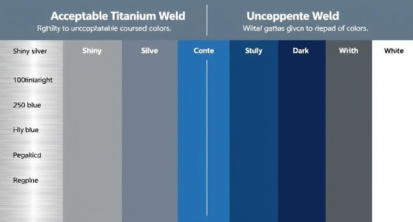 A chart showing acceptable and unacceptable titanium weld colors, from shiny silver to dark blue and white.