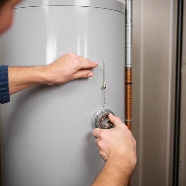 Person inspecting and replacing an anode rod in a water heater
