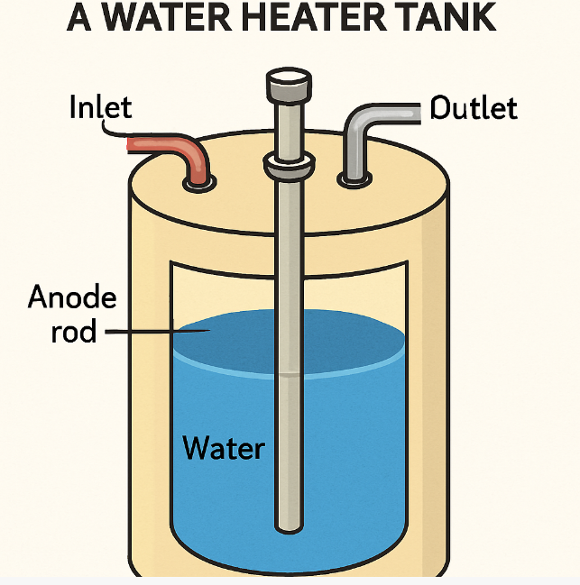Illustration showing the position of an anode rod inside a water heater tank