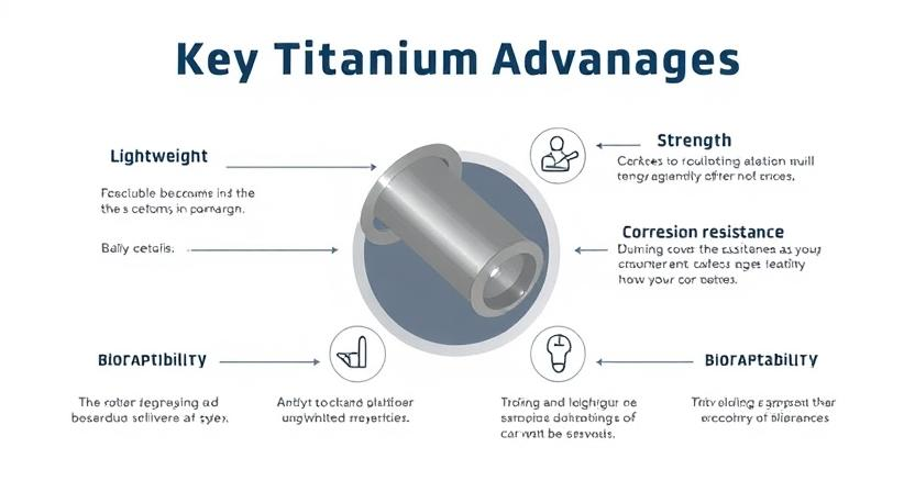 An infographic highlighting key titanium advantages such as lightweight, strength, corrosion resistance, and biocompatibility.