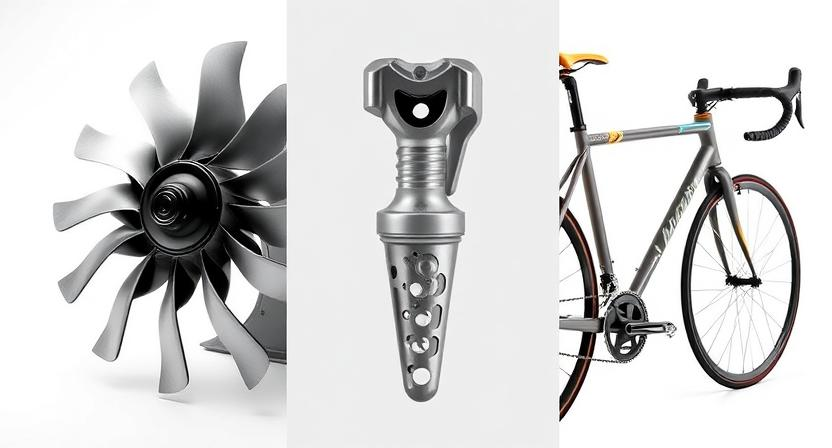 A collage of items made from titanium: a jet engine blade, a medical hip implant, and a high-end bicycle frame.