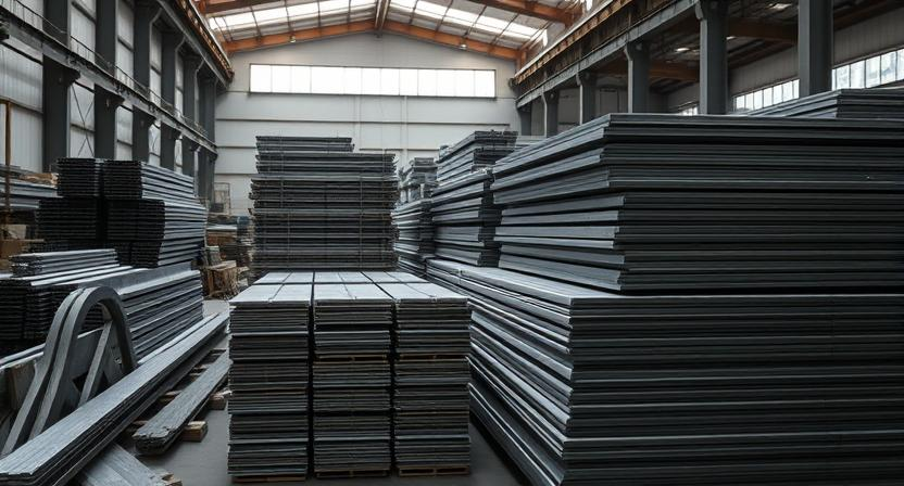 A professional-looking image of a titanium metal supplier's warehouse with stacks of titanium sheets and bars.
