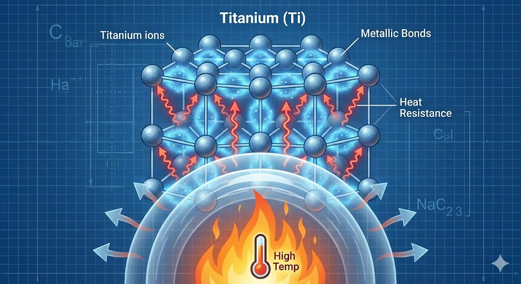 Scientific illustration of titanium crystal lattice structure showing strong metallic bonds and heat resistance