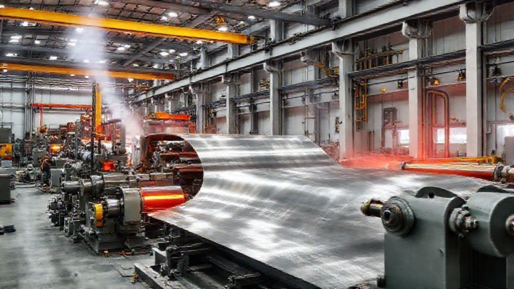 Industrial facility showing the production of titanium sheet metal with molten metal being processed through rolling mills in a clean, modern manufacturing environment.