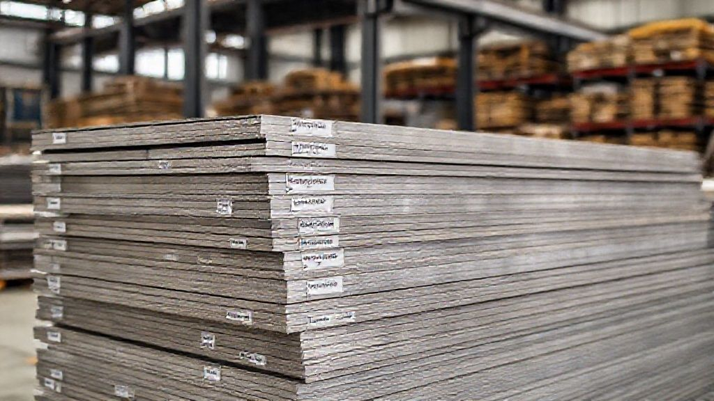 A diverse stack of titanium sheet metal, showcasing various grades, finishes, and thicknesses, neatly organized within a modern industrial warehouse.