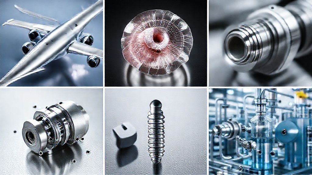 A technical montage displaying diverse applications of titanium, including a detailed aerospace component, a precise medical implant, and robust chemical processing equipment, all in a clean, industrial aesthetic.