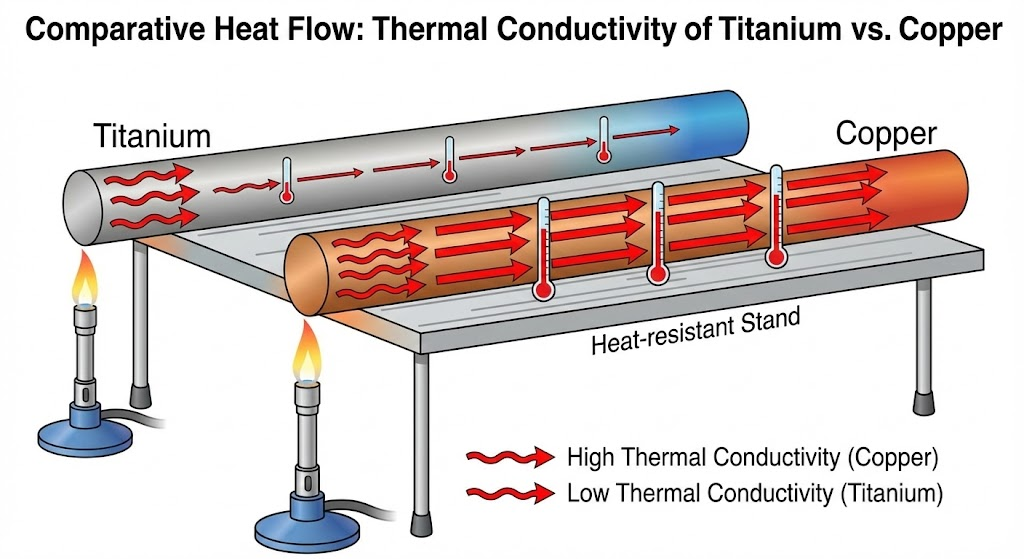 Diagram illustrating comparative heat flow through titanium and copper rods, highlighting differences in thermal conductivity