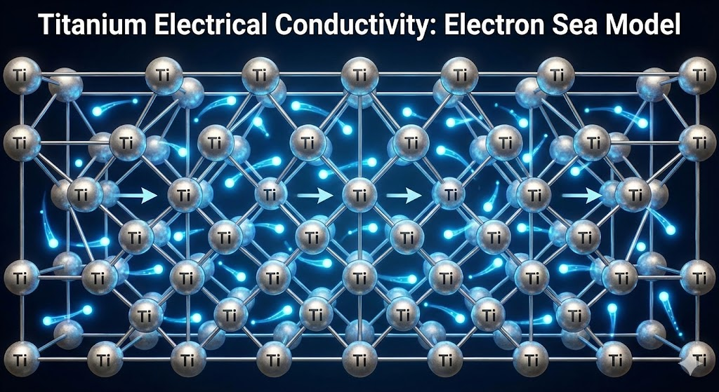 Microscopic view of titanium crystal structure showing electron movement, illustrating electrical conductivity concepts