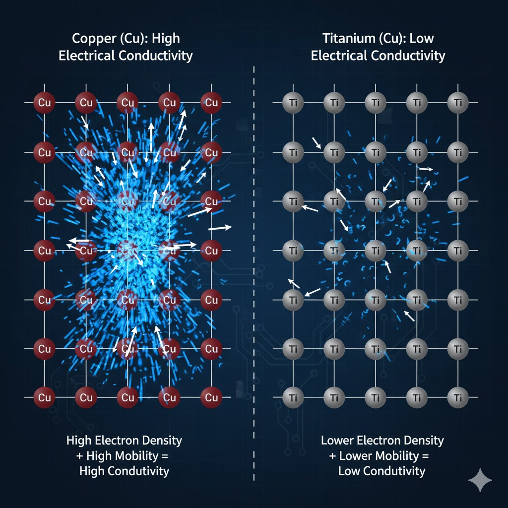 Comparative schematic showing electron flow density and mobility in copper versus titanium, highlighting conductivity differences