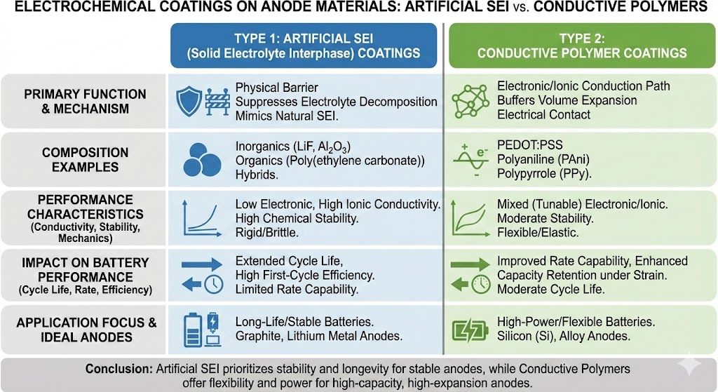 Detailed comparison chart illustrating the performance and application differences between two types of electrochemical coatings on anode materials