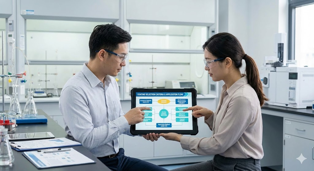 Two chemical engineers discussing coating selection criteria using a digital tablet displaying a decision flowchart