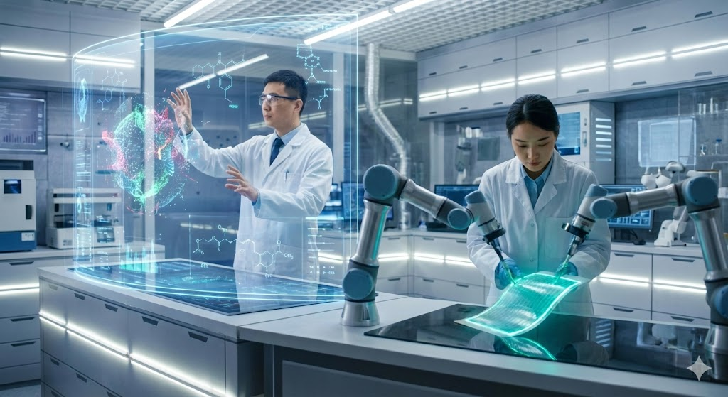 Researchers in a futuristic laboratory setting analyzing data and manipulating advanced electrochemical coating materials