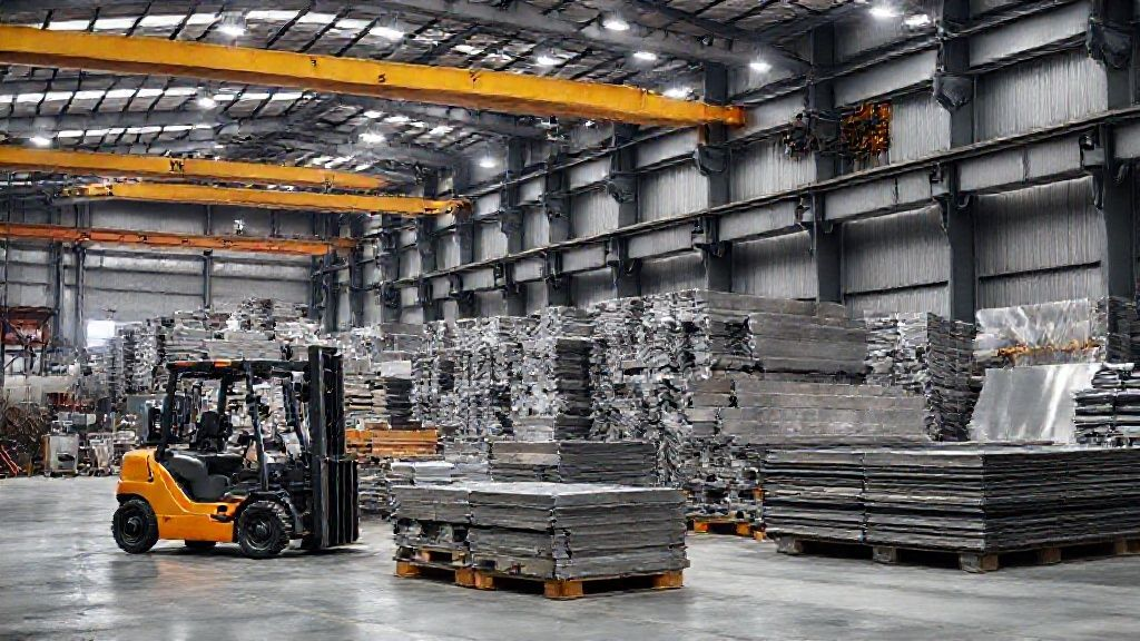 Large titanium ingots and neatly stacked titanium sheets in a clean, modern factory warehouse, ready for distribution