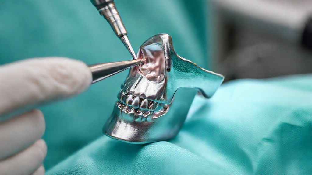 A titanium craniofacial implant being meticulously shaped by a surgical tool in a sterile operating room, highlighting Grade 1's ductility