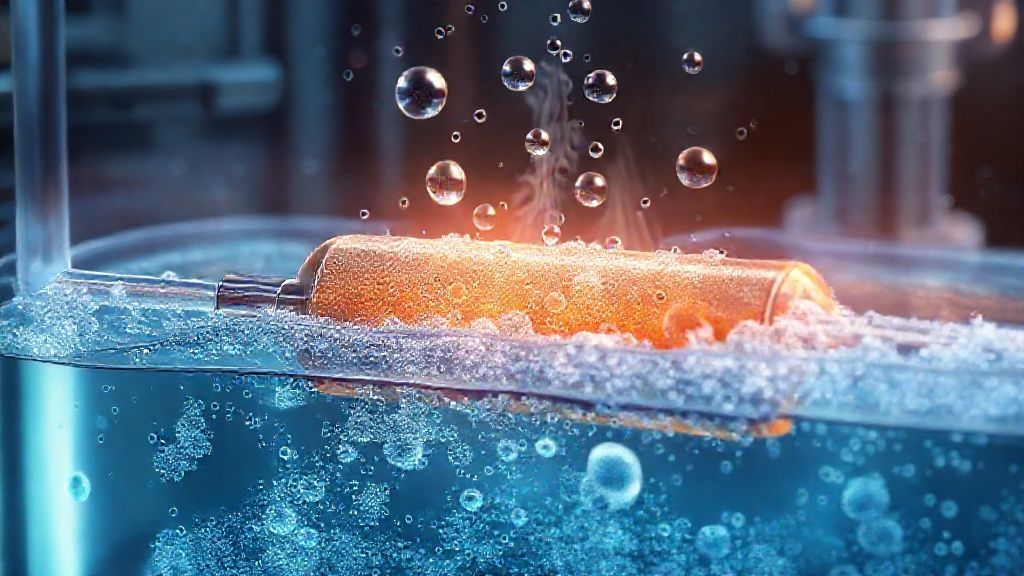 Microscopic view of an electrode surface with a specialized coating, showing gas bubbles forming during an electrochemical reaction, highlighting the interface and catalytic activity