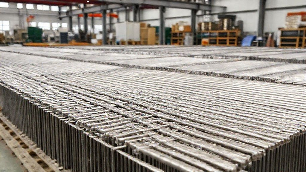 An organized industrial warehouse displaying rows of newly manufactured titanium electrodes, each with distinct coatings, prepared for quality control and shipment to clients