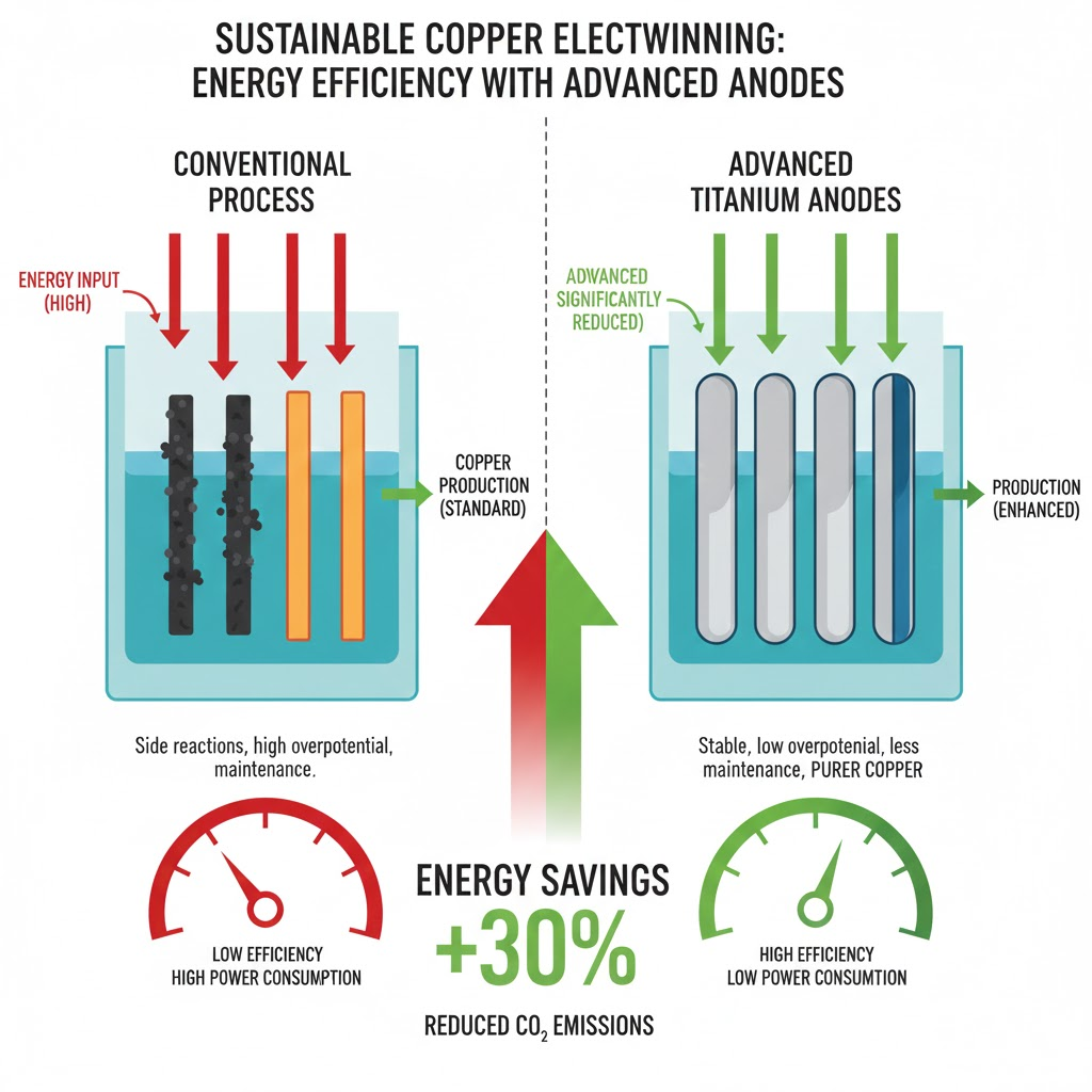 Diagram illustrating the energy efficiency gains achieved by using advanced titanium anodes in sustainable copper electrowinning processes