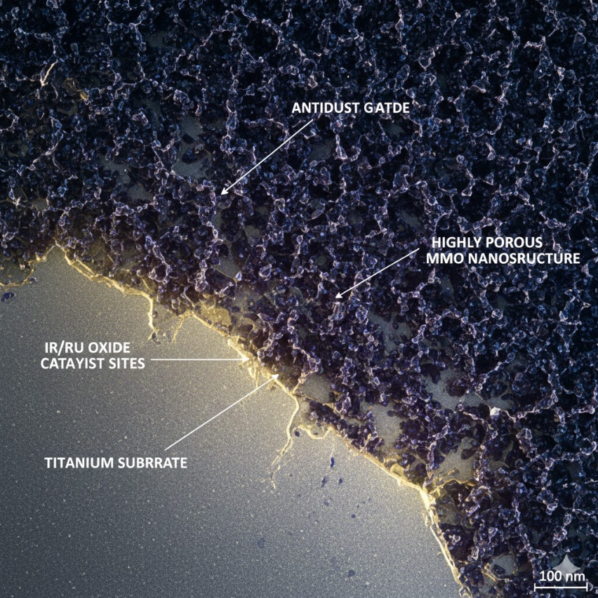 Microscopic view of an advanced Mixed Metal Oxide (MMO) coating on a titanium anode, highlighting its electrocatalytic nanostructure