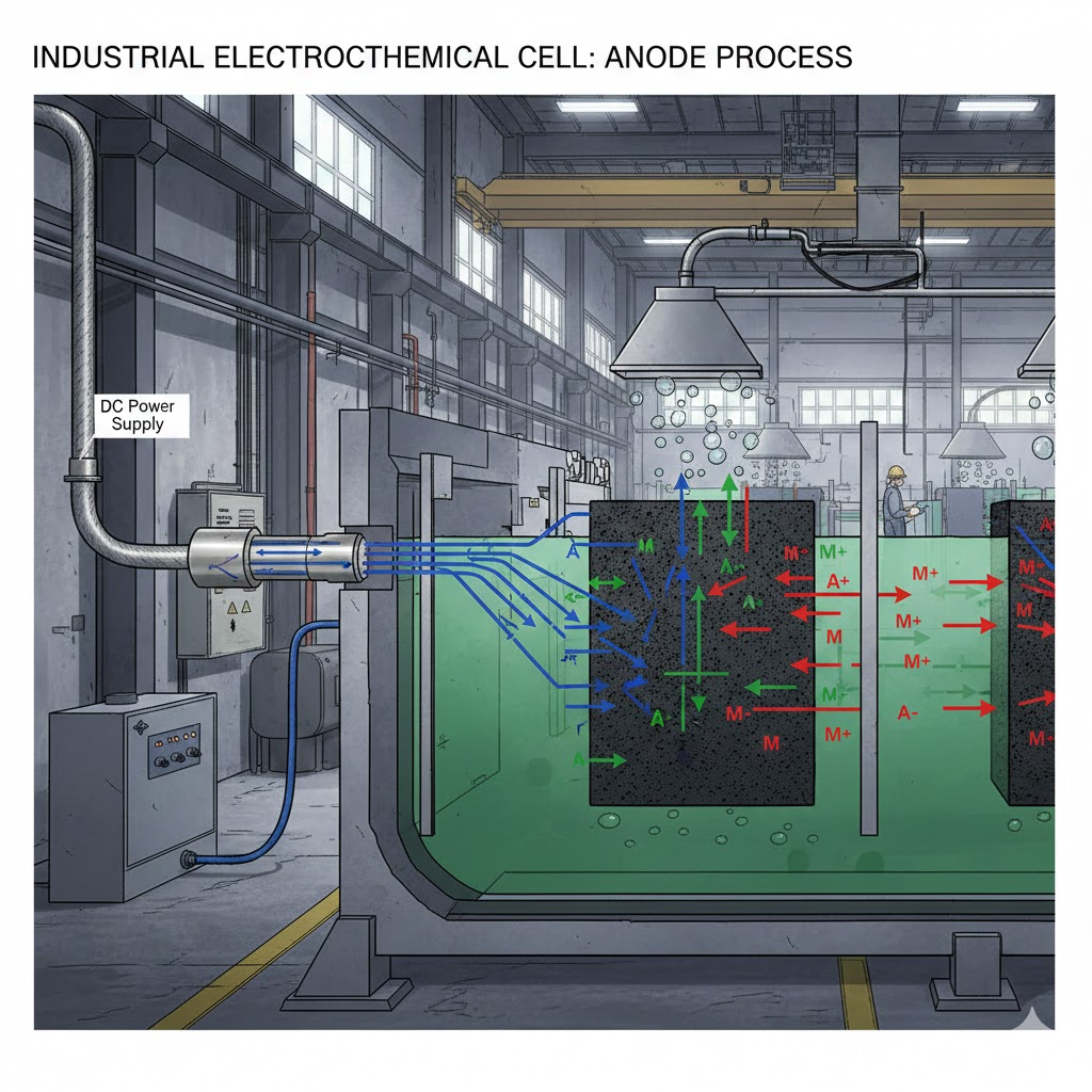 Detailed illustration of an anode within an electrochemical cell, showing the flow of ions and electrons in an industrial context