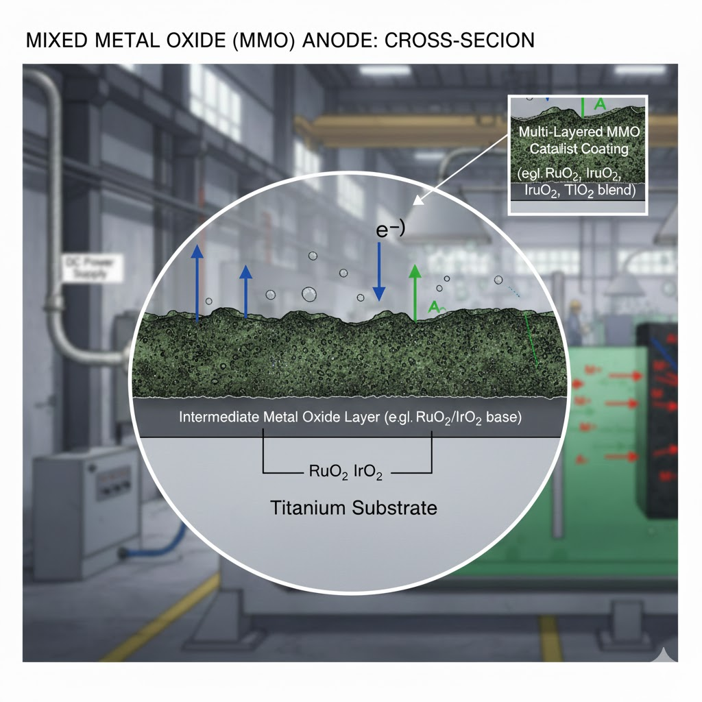 Cross-sectional view illustrating the multi-layered Mixed Metal Oxide (MMO) coating on a titanium grid substrate