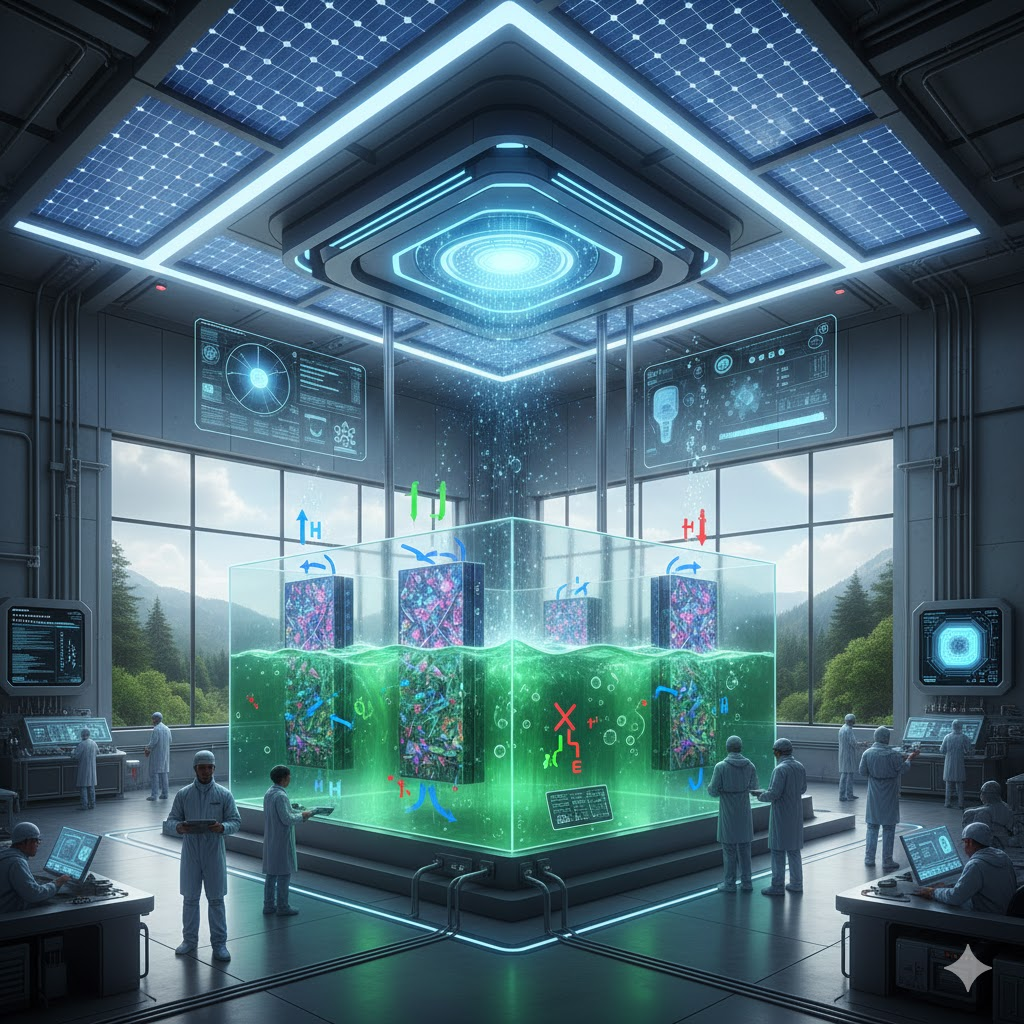 Futuristic electrochemical cell showcasing advanced anode materials and sustainable energy conversion, conceptual art