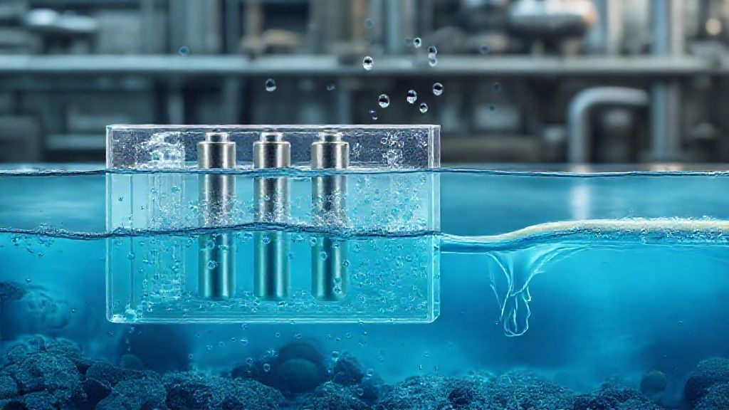 Conceptual diagram of an electrochemical cell illustrating titanium anodes submerged in industrial wastewater, with bubbles indicating active electrolysis and a visibly cleaner effluent stream. Conceptual diagram of an electrochemical cell illustrating titanium anodes submerged in industrial wastewater, with bubbles indicating active electrolysis and a visibly cleaner effluent stream.