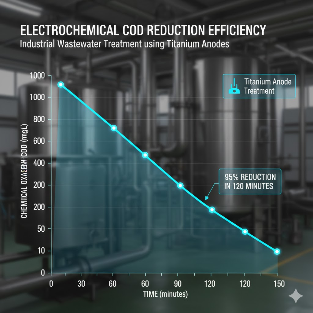 A clear data visualization graph illustrating a steep reduction in Chemical Oxygen Demand (COD) levels over time, demonstrating the high efficiency of electrochemical treatment using titanium anodes in an industrial setting. A clear data visualization graph illustrating a steep reduction in Chemical Oxygen Demand (COD) levels over time, demonstrating the high efficiency of electrochemical treatment using titanium anodes in an industrial setting.
