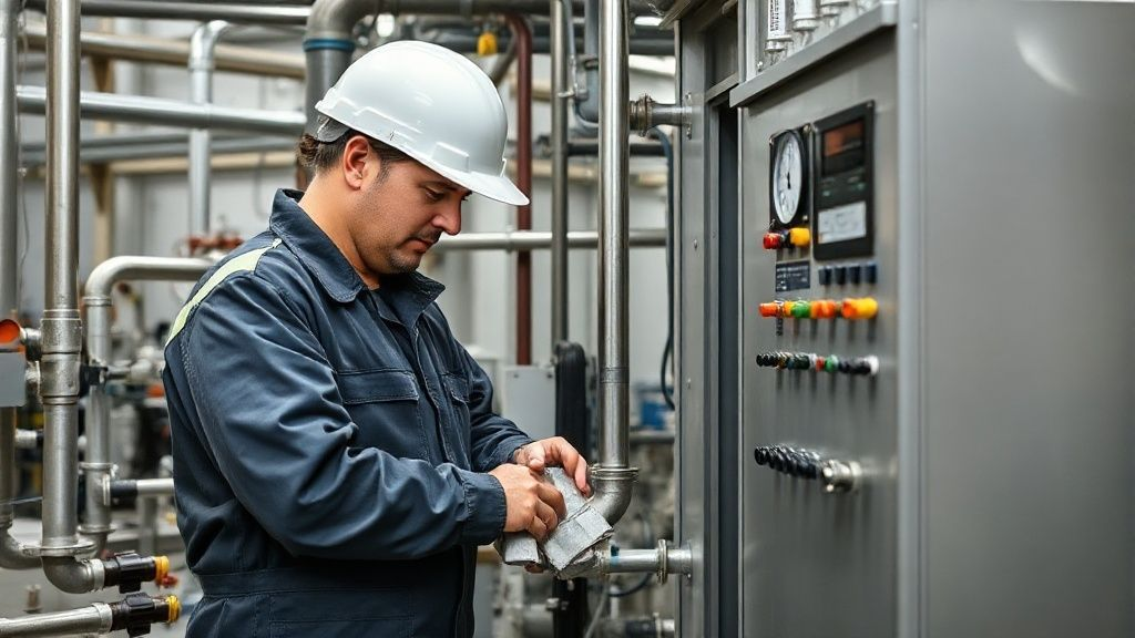 A skilled technician performing routine maintenance on an industrial electrochemical wastewater treatment system, carefully inspecting the titanium anodes and monitoring the control panel for optimal operation. A skilled technician performing routine maintenance on an industrial electrochemical wastewater treatment system, carefully inspecting the titanium anodes and monitoring the control panel for optimal operation.