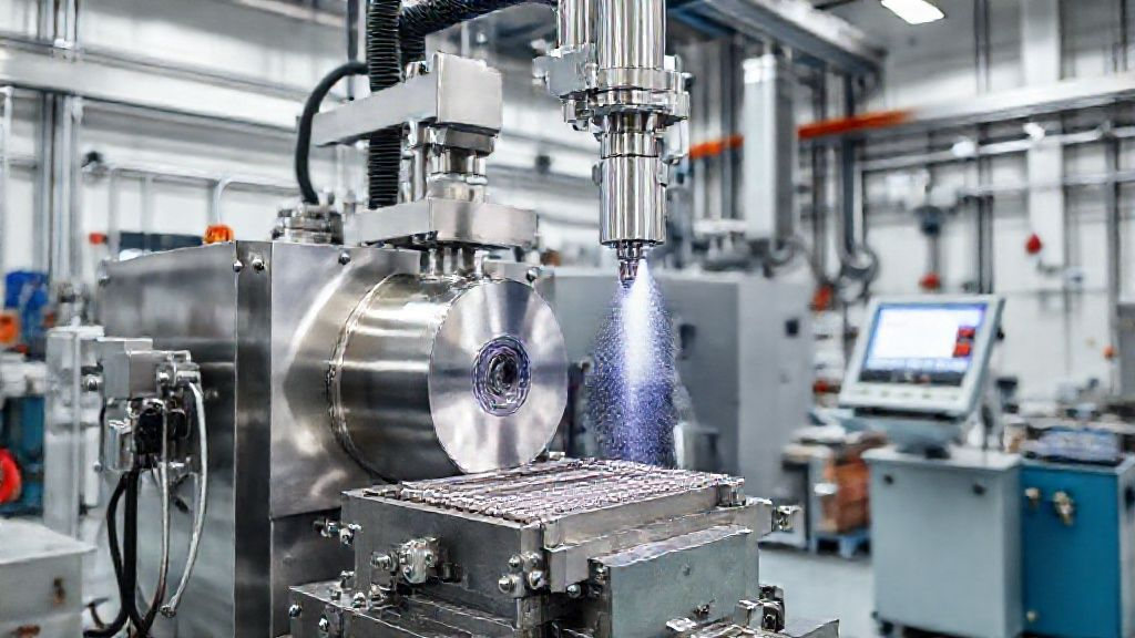 Precision machinery and coating application station in a cleanroom environment, illustrating the manufacturing process of custom titanium anodes.