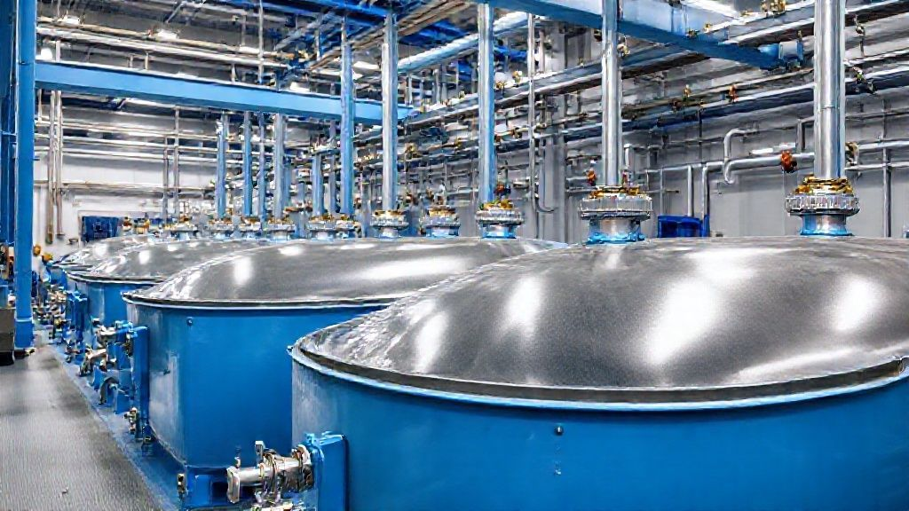 Industrial facility showcasing custom titanium anodes in electrochemical processing tanks, emphasizing high-tech design and clean operational lines.