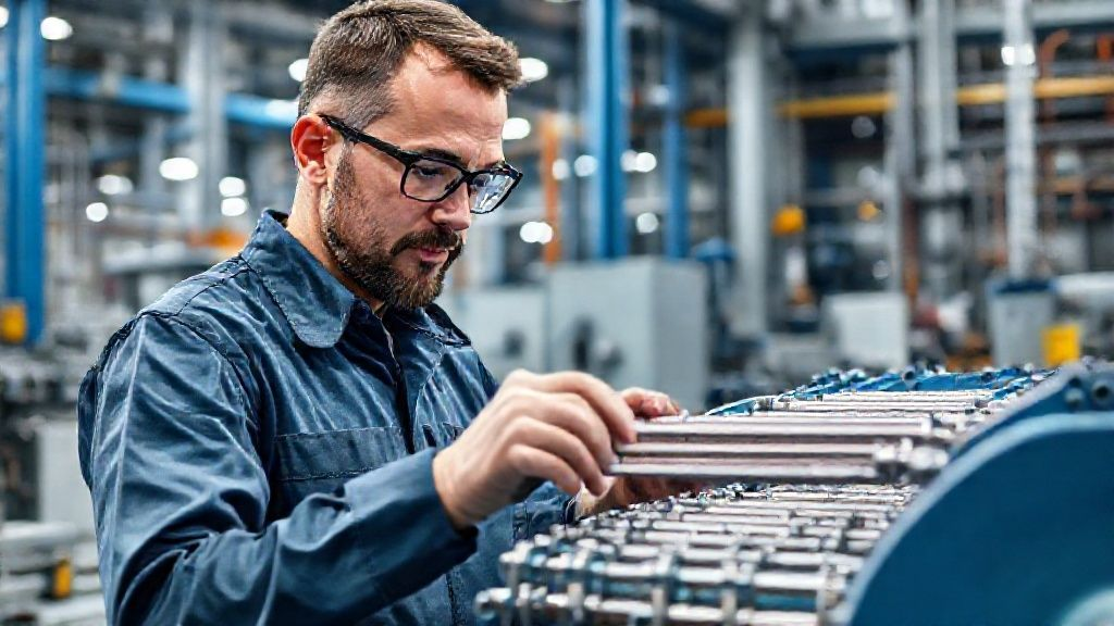 Industrial engineer inspecting titanium anodes on a production line, emphasizing quality control and precision manufacturing in a high-tech facility.