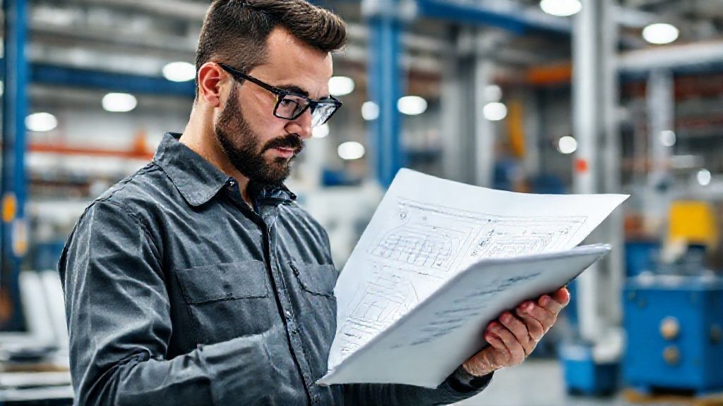 Engineer meticulously reviewing technical specifications and quality assurance documentation for titanium anode manufacturing, emphasizing a thorough vetting process.