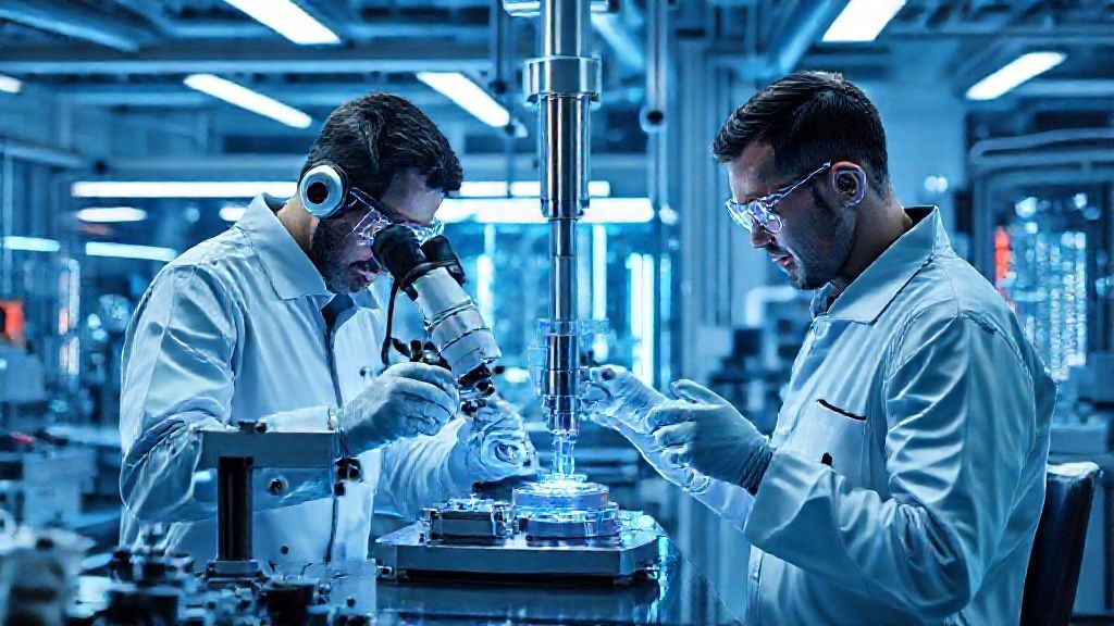 Scientists in a futuristic lab developing new titanium anode coatings, using advanced analytical equipment and digital simulations for material innovation.