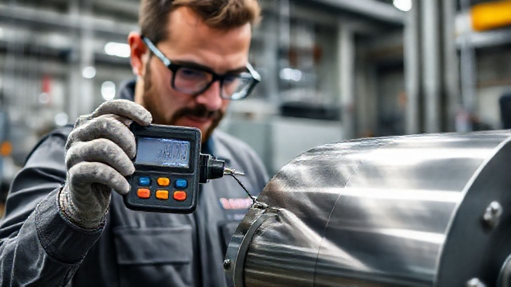 An engineer meticulously measuring the thickness of an MMO coating on a titanium component using a digital gauge, illustrating the precision required in quality control for industrial applications.