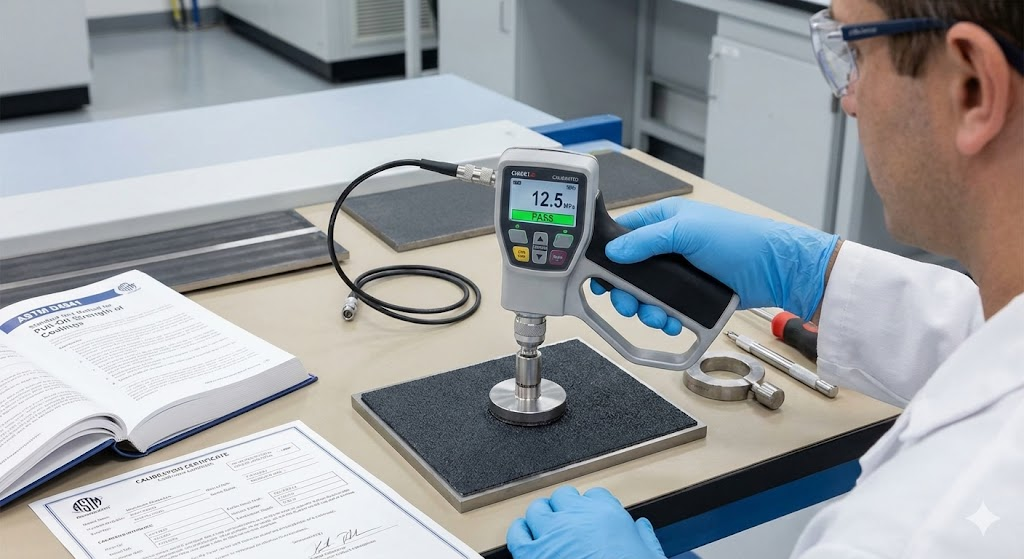 A technician conducting a pull-off adhesion test on an MMO-coated surface, using a calibrated digital adhesion tester to measure the bond strength, emphasizing adherence to industry standards.