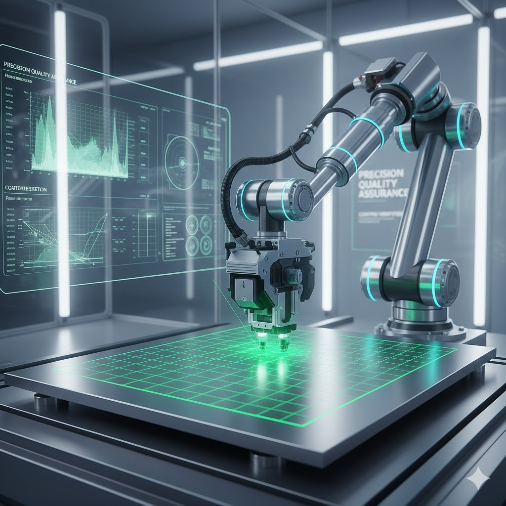 Advanced robotic arm performing automated non-destructive testing on an MMO-coated part in a futuristic laboratory, symbolizing the future of precision quality assurance and coating verification.