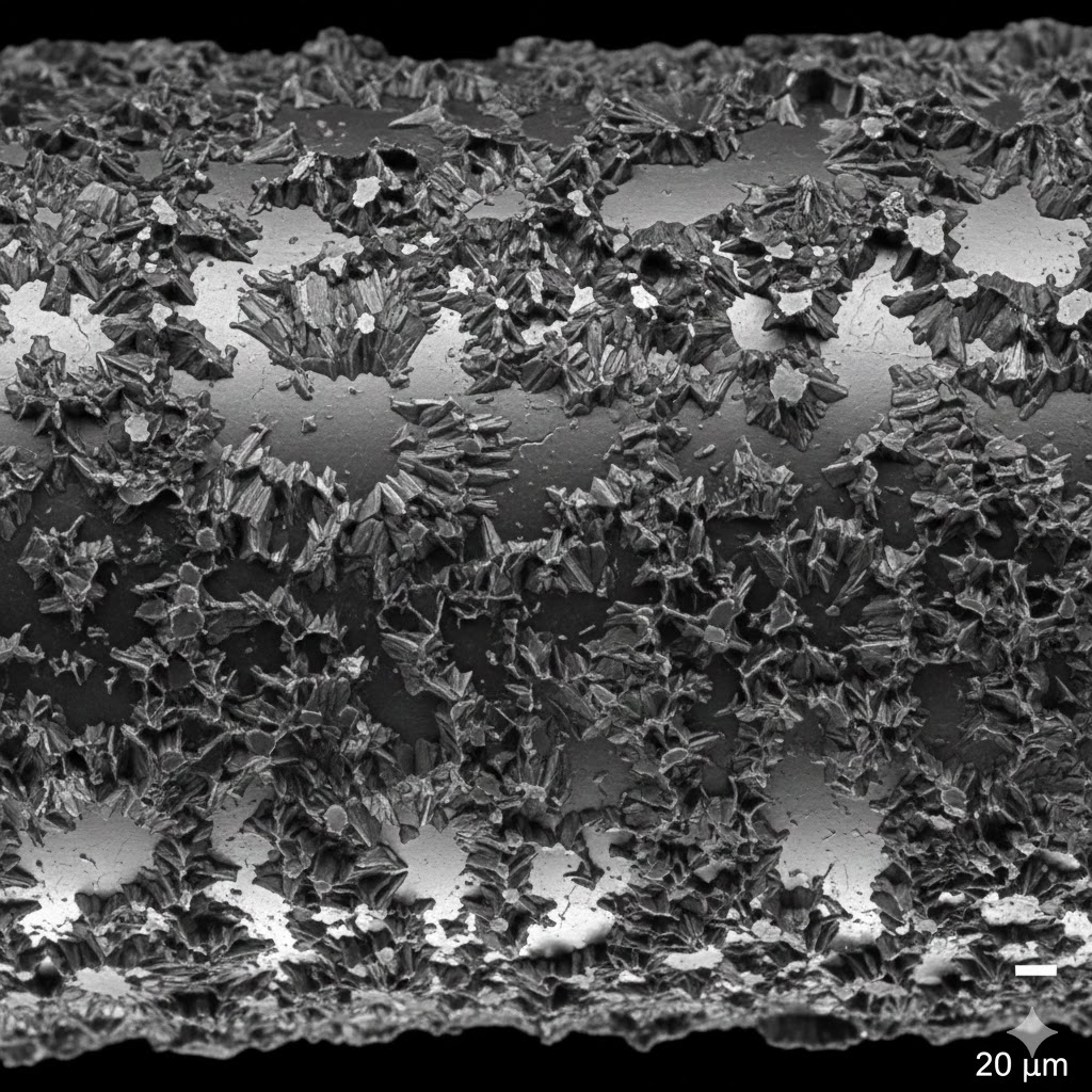 Microscopic view of a Mixed Metal Oxide (MMO) coating on a titanium tubular anode, showing surface detail