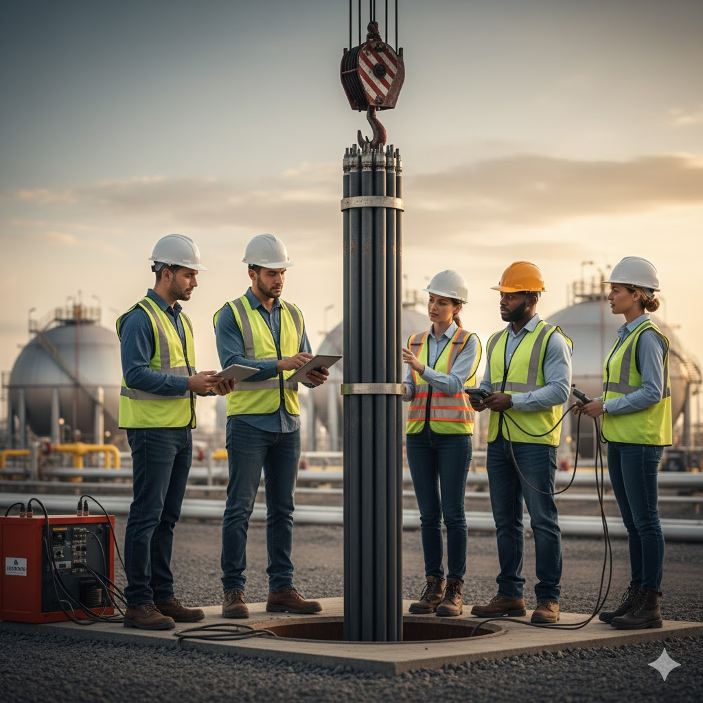 Engineers supervising the careful installation of MMO tubular anodes into a deep borehole at an industrial facility
