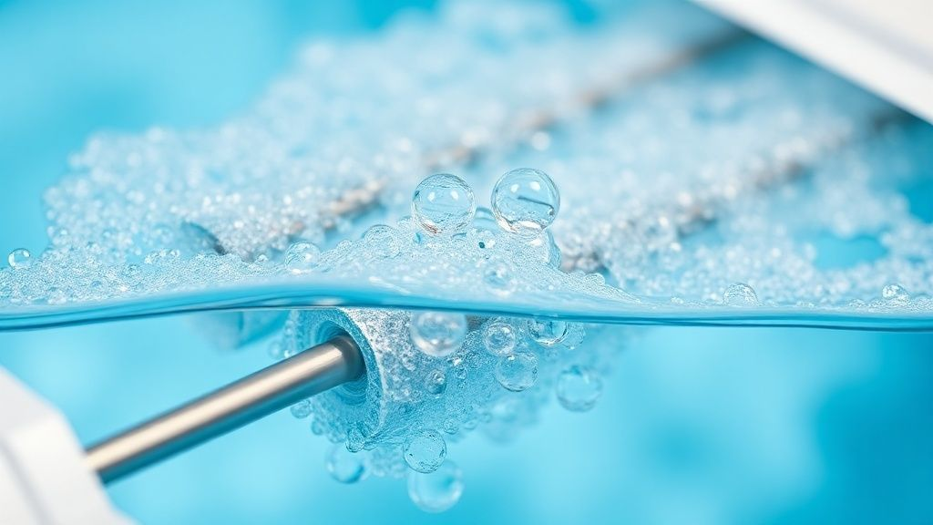 Close-up of a saltwater pool chlorinator cell with visible titanium electrodes, highlighting the electrolysis process